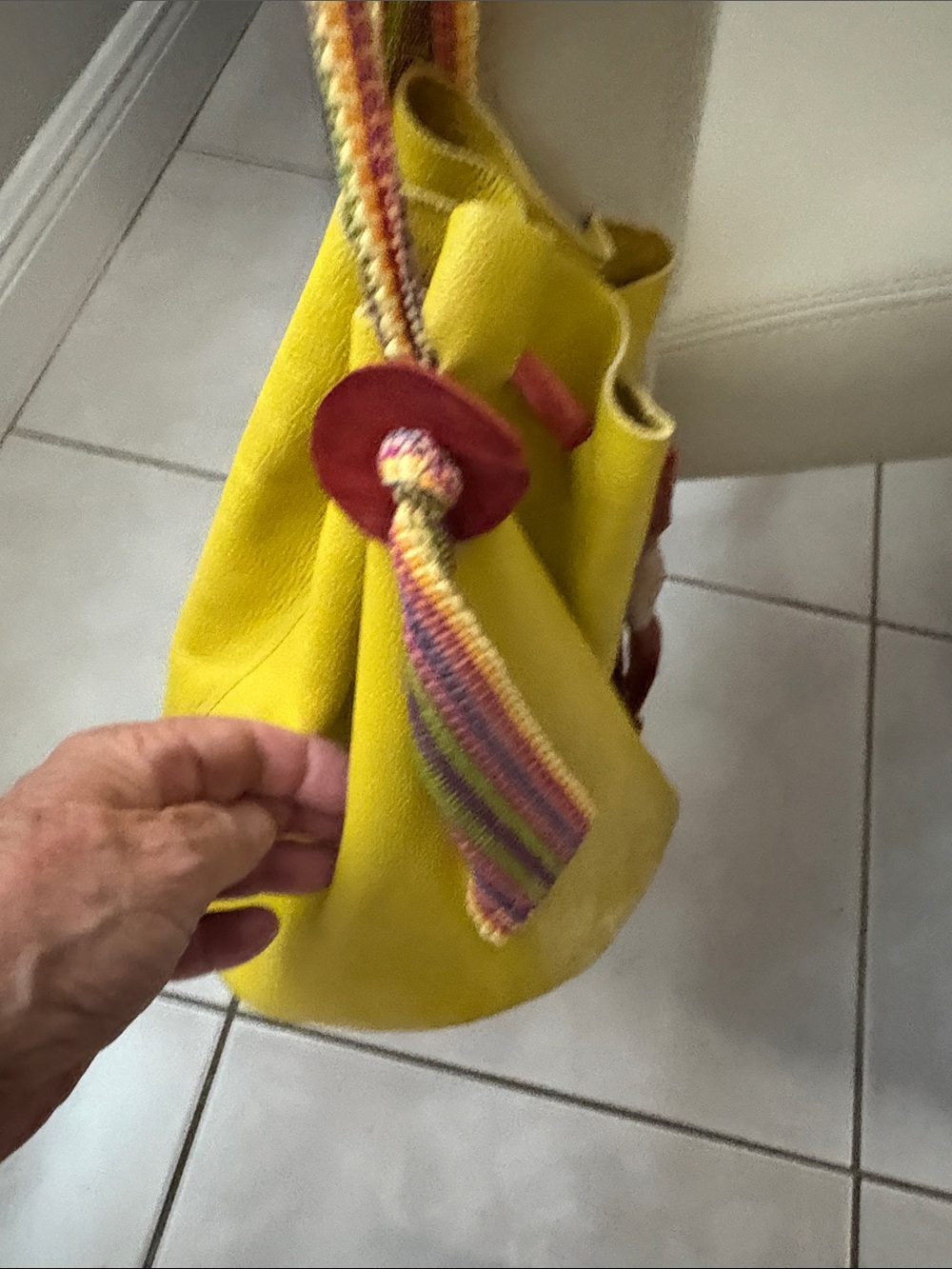Boho Yellow Leather Drawstring Bucket Bag with Multicolor Strap - Picture 5 of 9